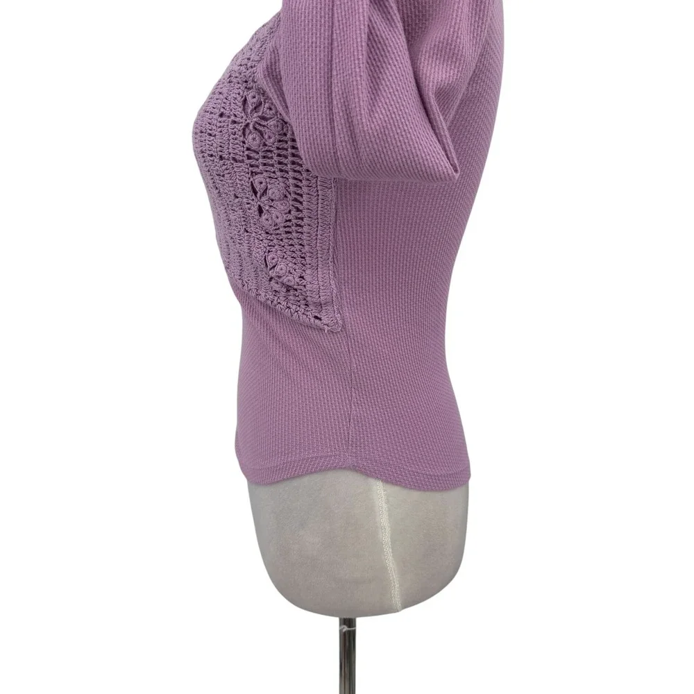 Free People Lavender Waffle Knit Crochet Lace Sweetheart Thermal Top XS Purple